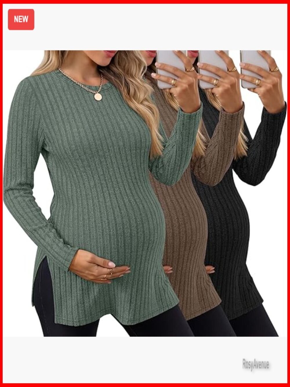 3 Pack Maternity Long Sleeve Ribbed Knit Tunic Tops Crew Neck Split Side Tees